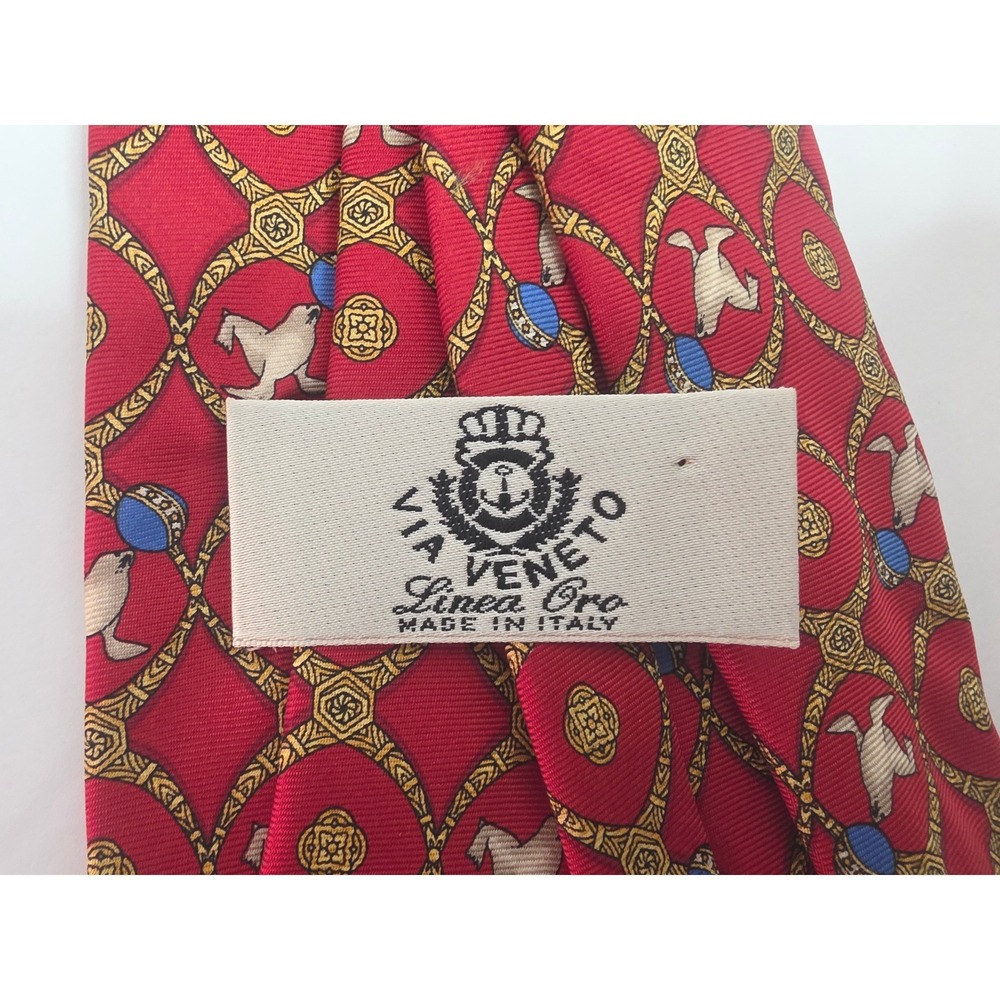 Via Veneto Linea Oro Silk Tie Mens Red Gold Seal Animal Print Made in Italy - Picture 4 of 5